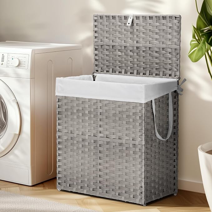 DUMOS Wicker Laundry Basket with Lid, 110L Woven Laundry Hamper with Handles, Foldable Rattan Clothes Hamper with Removable Liner & Sturdy Steel Frame, Dove Gray - Image 2
