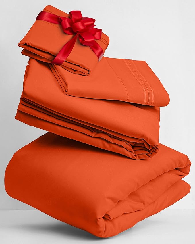 Mellanni Twin Sheets Set - 3 PC Iconic Collection Bedding - Hotel Luxury, Extra Soft, Cooling Bed Sheets - Wrinkle, Fade, Stain Resistant (Twin, Poppy Orange)