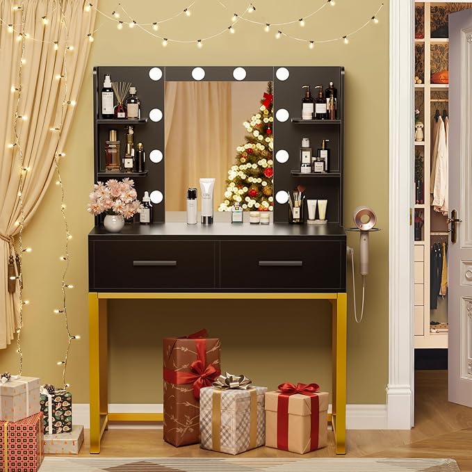 YESHOMY Vanity Desk with Mirror, Makeup Table with 2 Large Drawers, Power Outlet and Round Holder, 3 Color Modes Adjustable Bulb, Pure Black & Golden