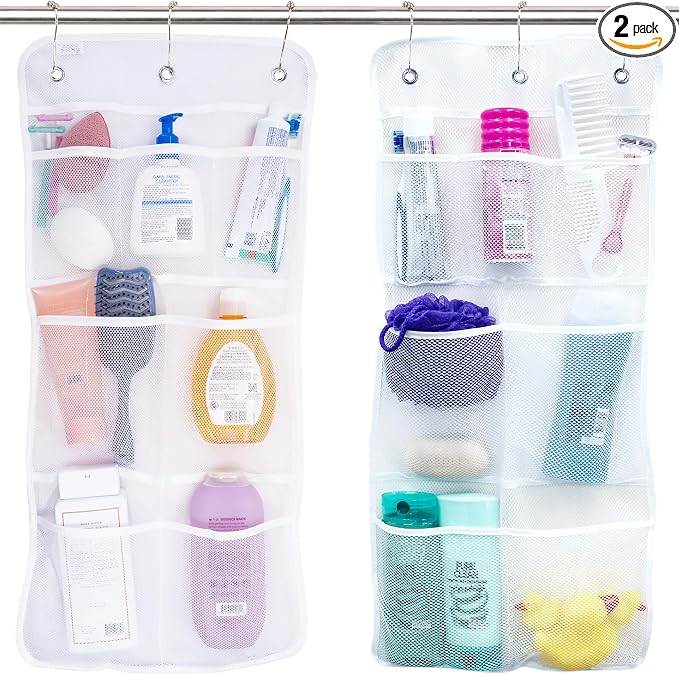 S&T INC. Shower Organizer, Shower Caddy or Bathroom Organizer with Quick Drying Mesh, 7 Pockets to Hold Shampoo, Soap, Loofah, and Cruise Ship Essentials, 14 Inch by 30 Inch, White, 2 Pack by STINC