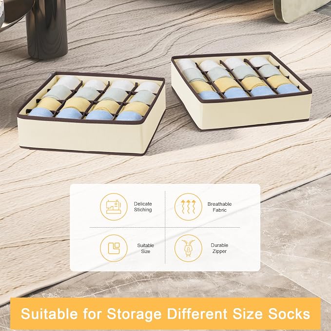 Joyoldelf Sock Drawer Organizer Divider Underwear Organizer 16-cell Fabric Dresser Drawer Organizers Storage Boxes for Socks Lingerie, Handkerchiefs, Ties (Beige) - Image 5
