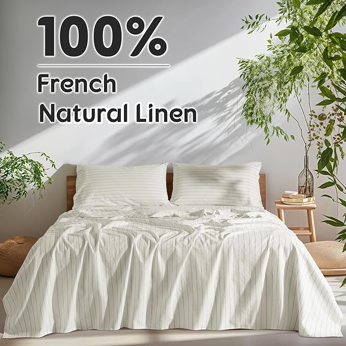 SONORO KATE 100% French Pure Linen Sheets, Breathable and Durable Linen Queen Size Sheets, Anti-Tear Linen Bed Sheets, Machine Washable, 16 Inch Deep Pocket - 4 Piece (White & Dark Grey Stripes)