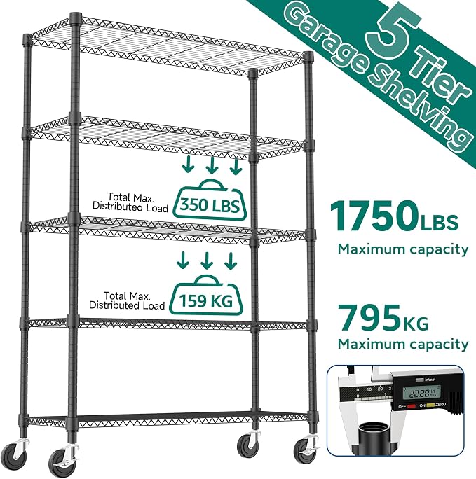 M MZG 1750LBS 47.2" W 5 Tiers Storage Shelves Metal Shelving Unit with Wheels Heavy Duty Garage Shelving Adjustable Wire Shelves for Pantry,Kitchen,Garage,Basement,Black 17.7" D x 47.2" W x 76.8" H - Image 8