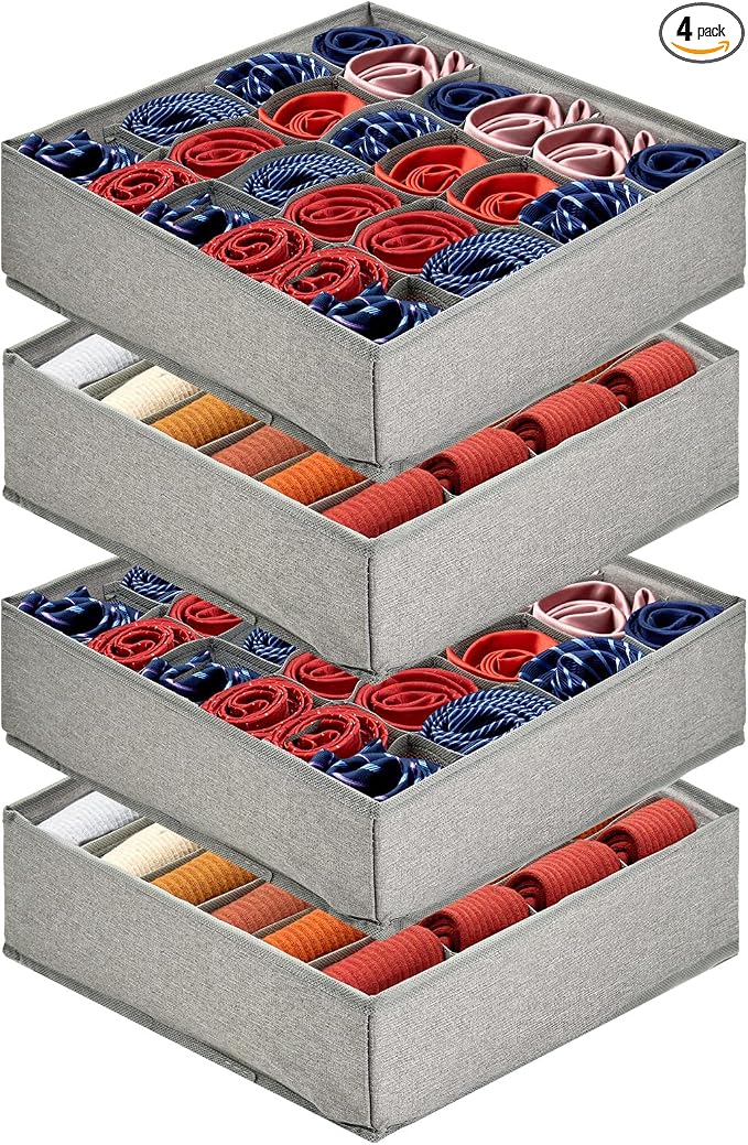 PINGMIC Gray Sock Organizer Divider 4 Pack - 24 Cell Foldable Closet Storage, Tie Organizer For Men Boxes for Socks, Ties, Belts by PINGMIC