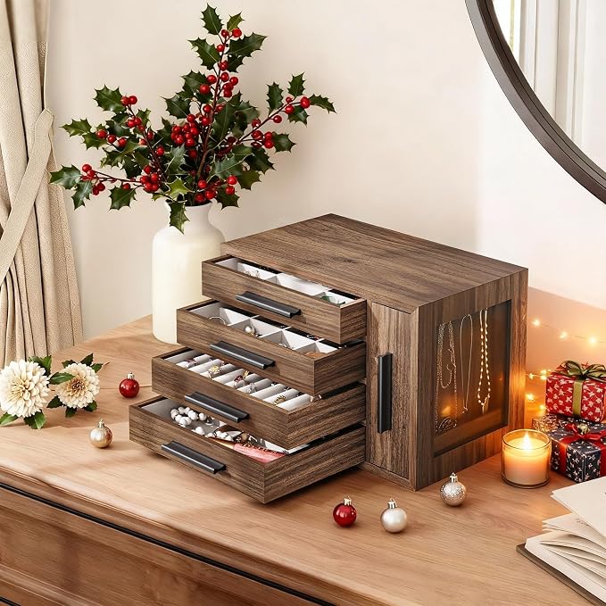 HOOBRO Jewelry Box for Women, Wooden Jewelry Organizer with Transparent Window, 4-Layer Jewelry Organizer Box, Jewelry Holder Organizer for Earrings, Necklaces, Rings, Walnut and Black BH09JB04 - Image 2