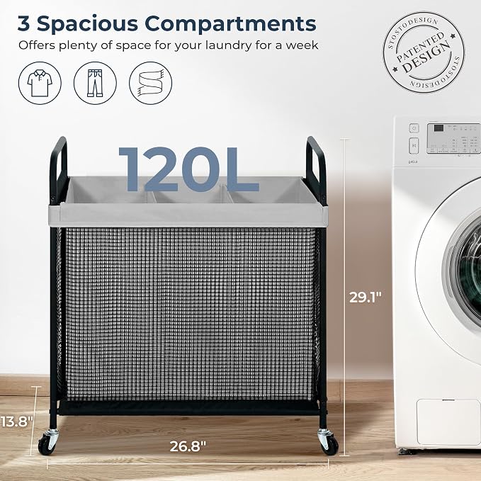 STO STO Laundry Hamper 3 Section, 120L Rolling Laundry Sorter Cart with Removable and Washable Liner Bag, Clothes Hamper with Wheels and Metal Handle for Laundry Room and Bedroom, Gray - Image 6