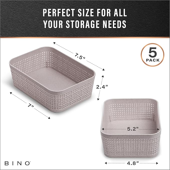 BINO | Woven Plastic Basket | XS (Natural Grey), 5-Pack | THE JUTE COLLECTION | Home Organization, Space - Saving Storage, Stylish Design | Jute Basket | Plastic Storage Basket - Image 3
