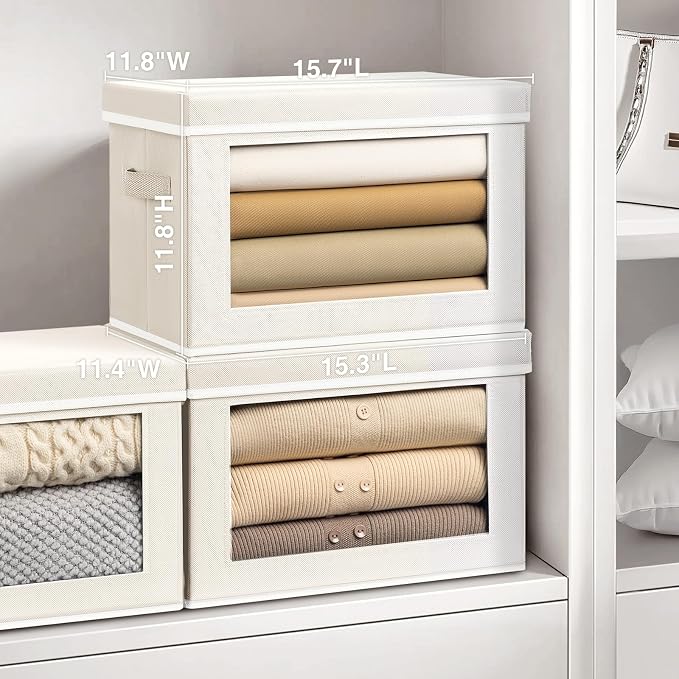 Homsorout Storage Bins with Lids, 3 Pack Large Storage Cubes with Window, Closet Bins with Lids & Handles, Fabric Box for Organizing Clothes, Towels, Books, Beige - Image 2