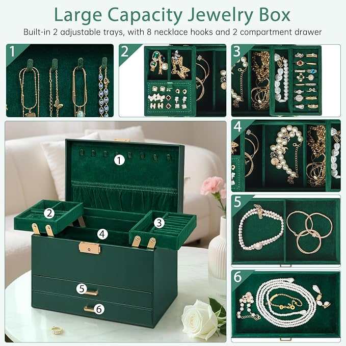AKOZLIN Travel Jewelry Box Organizer Functional 2-trays Leather Jewelry Storage Case with Lockable Portable 2 Drawers for Women Girls Ring Necklace Earring Bracelet - Image 4