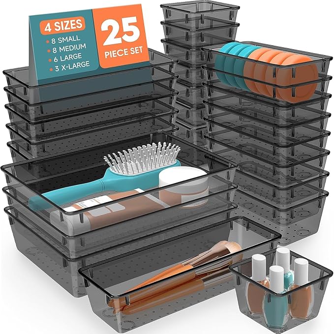 SpaceHacks 25 PCS Plastic Drawer Organizer Set, 4-Size Versatile Organizer Tool Trays & storage Bins for Makeup, Jewelry, and Gadgets in Bathroom, Bedroom and Office,Clear Black by SpaceHacks