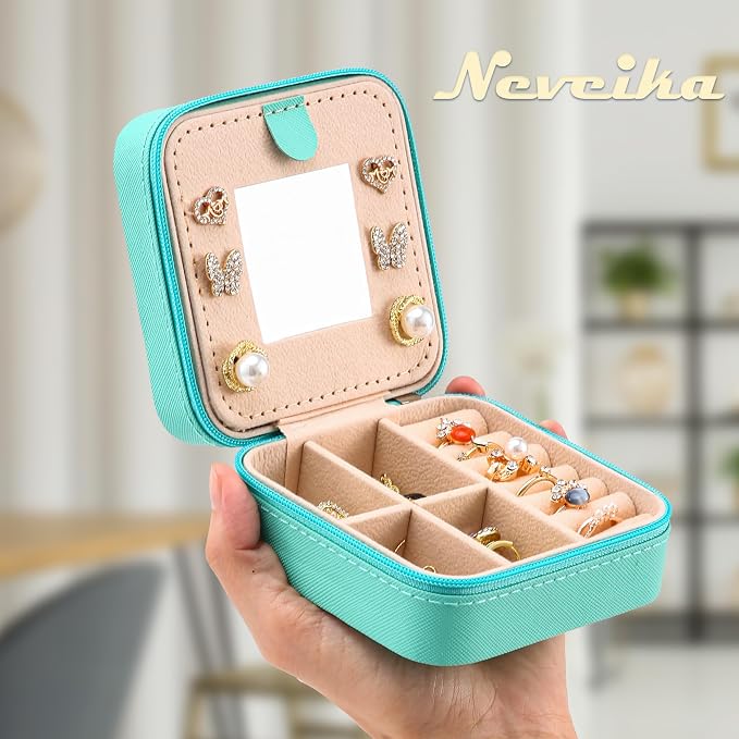 Neveika Jewelry Box with Mirror,Small Jewelry Organizer Box，Travel Jewelry Case for Women，Gift Jewelry Boxes for Female Girls (2pcs mirror blue) - Image 5