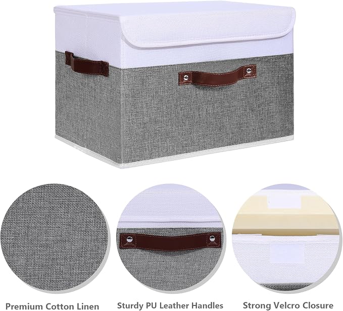 ANMINY 4PCS Storage Boxes with Lid Washable Decorative Storage Bins Basket with PU Leather Handle Foldable Linen Fabric Storage Cubes Containers for Home Closet Organizer - Gray White, Large Size - Image 4