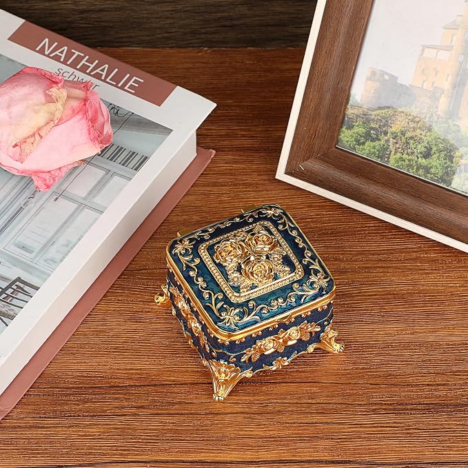 Hipiwe Vintage Metal Jewelry Box - Small Trinket Organizer Ring Box Case with Rose Pattern, Jewelry Storage Box for Ring Earrings Necklace, Keepsake Box for Women, 3"x3"x2.4" - Image 9