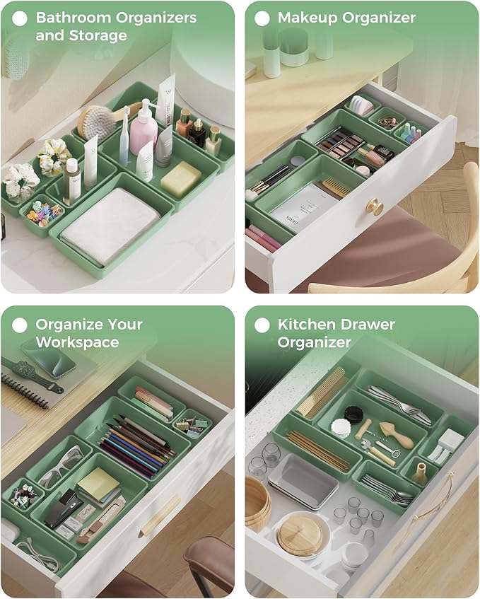 BiuLeon 25 PCS Plastic Drawer Organizers Set, 4-Sizes Vanity and Makeup Organizer, Desk and bathroom Drawer Organizer Trays, Organizers and Storage for Makeup, Jewelry, Gadgets, Utensils (Green) - Image 7