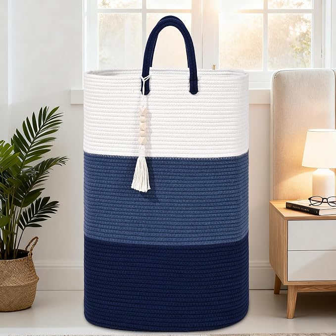 Woven Laundry Basket for Clothes,65 L Large Rectangle Laundry Hampers with Beads Tassel, Nursery Storage Basket for Toys, Tall Dirty Clothes Hamper for Bedroom Aesthetic, Laundry Room Organization - Image 6