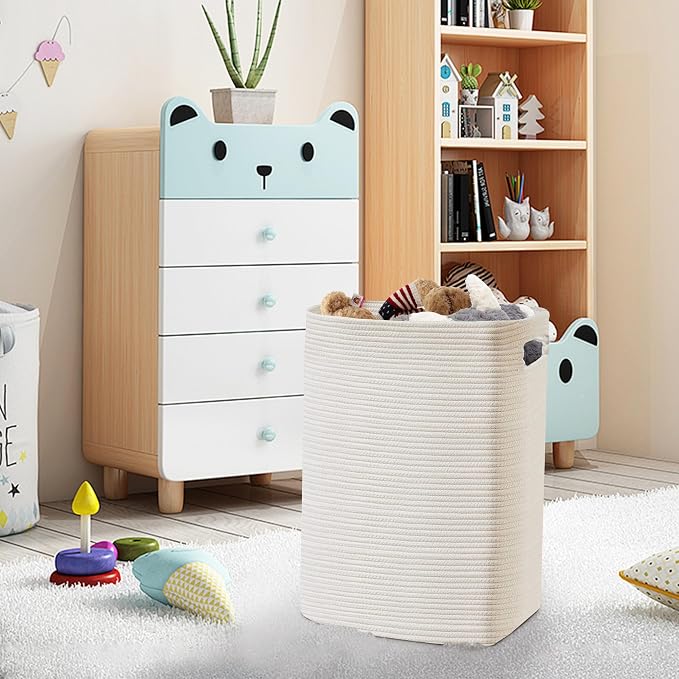 MEGASKET Large Laundry Hamper 16"x13"x22" - Tall Woven Laundry Basket, Cotton Rope Dirty Clothes Hamper, Baby Kids Nursery Wicker Laundry Basket, Bedroom Aesthetic, Soft Laundry Bin, White Hamper, 75L - Image 8