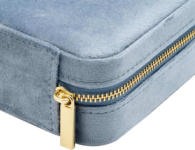 Velvet Multiple Square Ring Box Jewelry Organizer Display Tray with Zipper Around, Earring Holder Case for Wedding Birthday Christmas Valentine Day (Light Ocean Blue) - Image 4