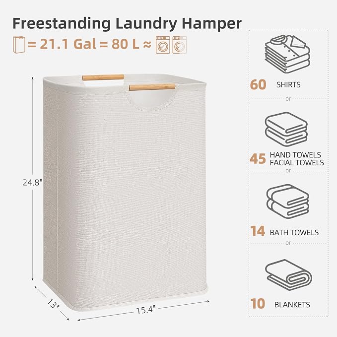 STORAGE MANIAC Large Laundry Hamper, 80L (21.1 Gal) Collapsible Laundry Basket with Bamboo Handles, Freestanding Waterproof Clothes Hamper for Laundry Room, Bedroom, Dorm, Towels, Toys, Beige - Image 3
