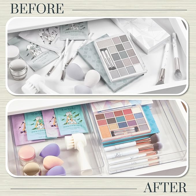 STORi SimpleSort 2-Piece Stackable Clear Drawer Organizer Set | 15" x 6" x 2" Rectangle Trays | Wide Makeup Vanity Storage Bins and Office Desk Drawer Dividers | Made in USA - Image 6