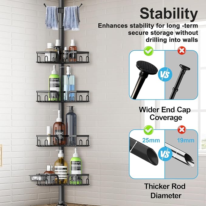 Corner Shower Caddy Tension Pole 4 Tier Adjustable Stainless Steel Shower Shelf for Inside Shower Bathtub Shampoo,Standing Bathroom Organizer Shelves with 39 to 113 inch Height - Image 5