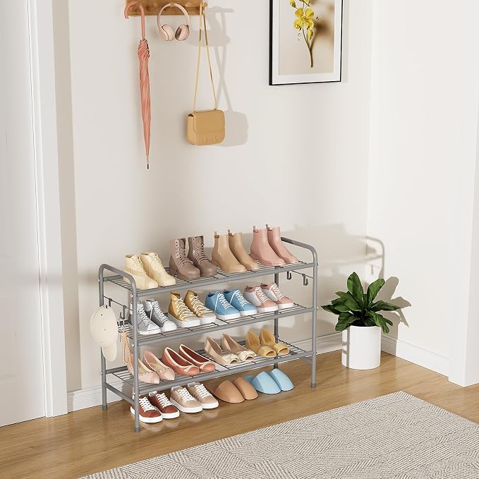 VILICK 3 Tier Shoe Rack 33" Wide Metal Shoe Organizer Long Shoe Storage with 4 Side Hooks Sturdy Shoes Shelf for Front Door Entrance, Closet, Garage, Dorm, Grey - Image 2