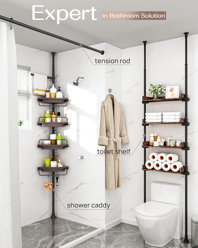 ALLZONE Corner Shower Caddy Tension Pole, Extendable Rustproof Stainless Steel Pole & 4-Tier Adjustable Shelves for Easy Drainage and Built-to-Last Stability, 34 to 116 Inches, Brown - Image 3