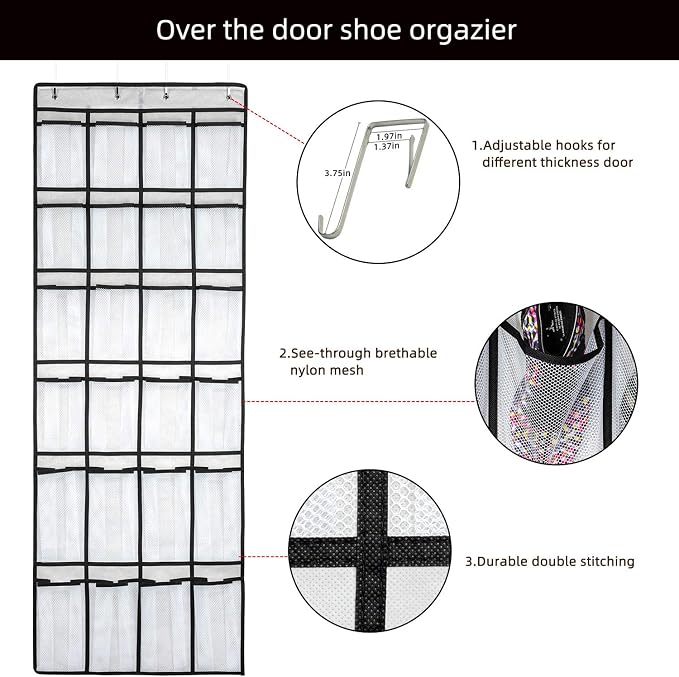 SAVERHO Hanging Shoe Organizer, Over The Door Shoe Organizer with 24 Mesh Large Pockets Door Shoe Rack for Men Women Kids Hanging Door Shoe Holder Size:58x21 Inch (White-2pack) - Image 3