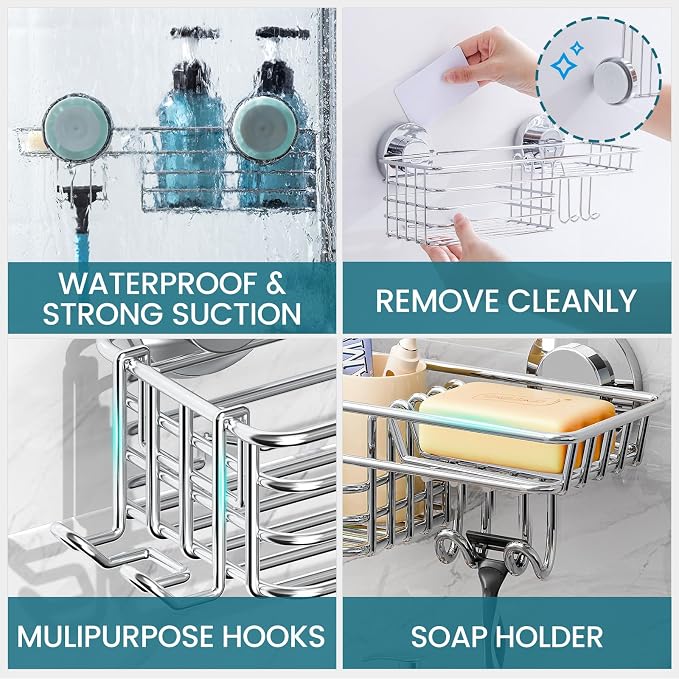 TAILI Shower Caddy Suction Cup 2 Pack with Hooks and Soap Holder, Heavy Duty Shower Organizer for Bathroom, No Drilling Silver Bathroom Suction Shelves-Silver - Image 4
