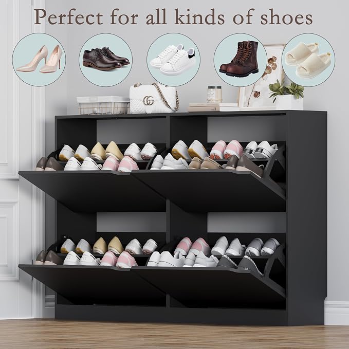 BORNOON Shoe Cabinet with 4 Flip Drawers, Narrow Hidden Shoe Storage Cabinet, Slim Freestanding Shoe Rack Organizer for Entryway, Hallway, Bedroom, Living Room - Image 4