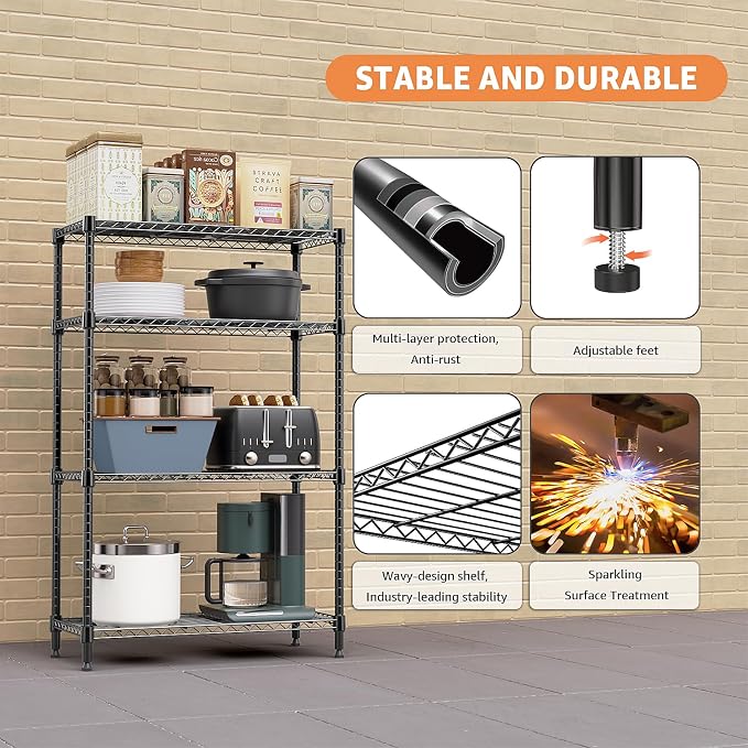 M MZG 1400 lbs 4 Tier Storage Rack Metal Wire Shelving Unit, Storage Standing Household Shelf Organizer for Kitchen Pantry Closet Garage Basement Utility Room, Black 15.8" D x 45.3" W x 59.4" H - Image 5