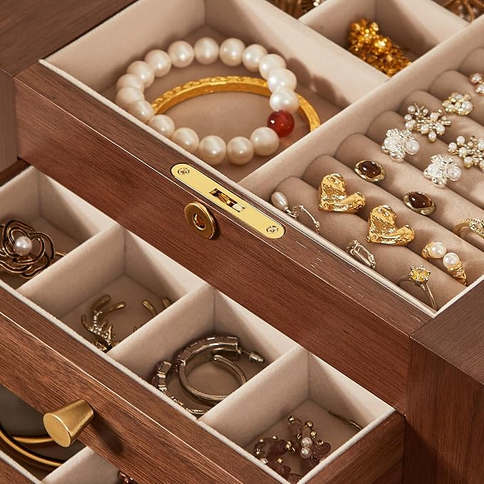 Black Walnut Wooden Jewelry Box, Wood Jewelry Organizer with 2 Side Doors Mirror Lockable Classical Style for Watch Necklace Ring Earring Storage Mothers Day Gifts for Mom-5 Layer - Image 6
