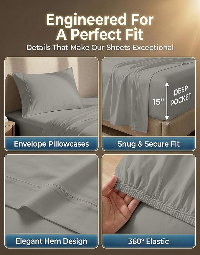 LANE LINEN Twin Bed Sheets Set - 600 Thread Count Premium Sateen Weave for Gentle Feel On Skin - 100% Cotton, Breathable Sheet Set for Added Comfort - Fits Mattresses Upto 15'' Deep - Silver