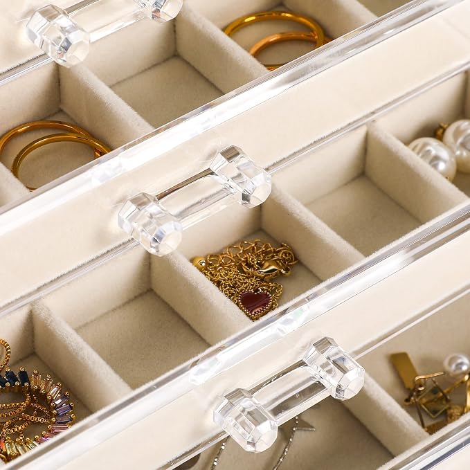 Frebeauty Acrylic Jewelry Organizer Earring Organizer Box with 5 Drawers Earring Holder Organizer with Velvet Trays Clear Jewelry Box for Women Earring Display for Rings Studs(Beige) - Image 4