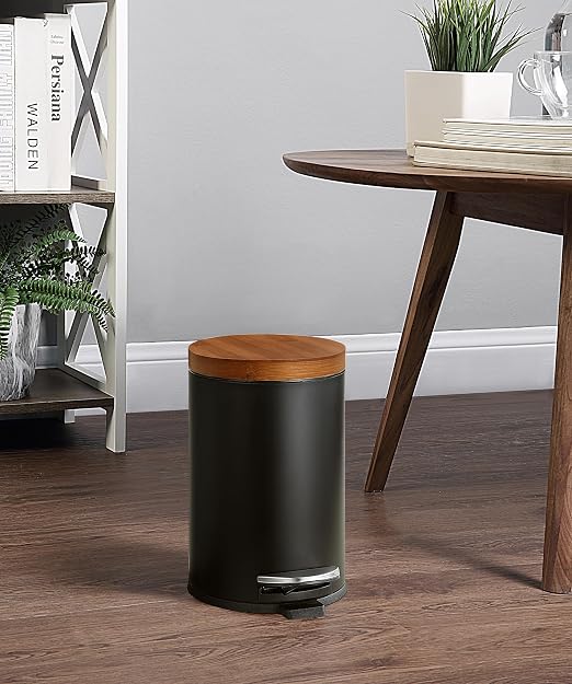 SunnyPoint Elite Bamboo Lid 4.5 Liter / 1.2 Gallon Round Trash Can with Plastic Inner Bucket; Bathroom, Office, Kitchen and Bedroom Step On and Slow Close (Black) - Image 2