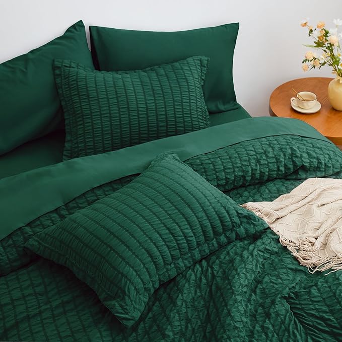 Love's cabin Seersucker Dark Green Twin XL Comforter Set, 5-Piece All Season Lightweight Bed in a Bag Bedding Set with Comforter, Flat Sheet, Fitted Sheet, Pillowcase and Sham | Soft, Breathable, Lightweight