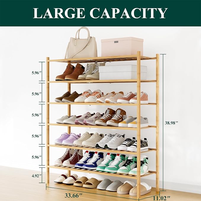Smiry Shoe Rack, 6 Tier Long Bamboo Shoe Organizer, Stackable Free Standing Wooden Shoe Storage Shelf for Closet, Entryway, Front Door Entrance, Natural - Image 2