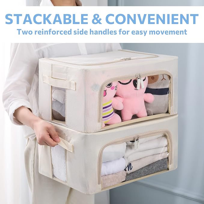 3Pack Frame Storage Box - Clothes Storage Bin Bags Oxford Fabric Foldable Stackable Container Organizer Set with Clear Window & Carry Handles Large Capacity (Beige, Small-22L) - Image 8