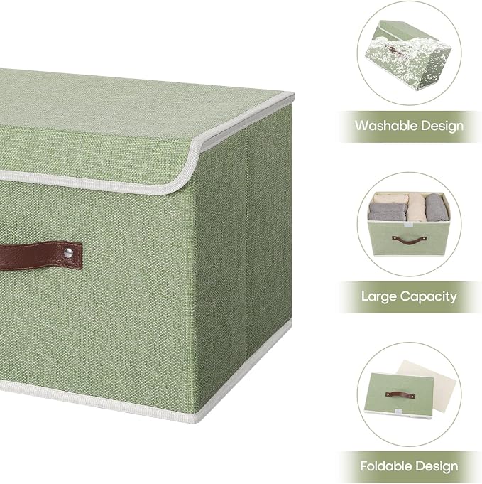 ANMINY 4PCS Storage Bin with Lid Storage Boxes with PU Leather Handles PP Plastic Board Decorative Foldable Lidded Cotton Linen Fabric Home Cubes Baskets Closet Organizer Container - Green, Medium - Image 4