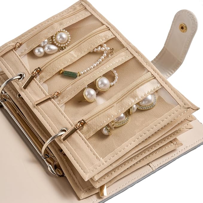 PU Leather Travel Jewelry Binder Organizer - Jewelry Boxes Case Ring Binder Storage Book with Zipper Velvet Pouches Bags for Women Gifts - Grey - Image 5