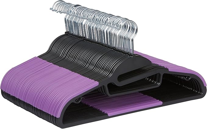 Amazon Basics Space Saving Non-Slip Rubber Coated Plastic Hangers with 360 Degree Swivel Hook, Black/Purple, Pack of 50 by AmazonBasics