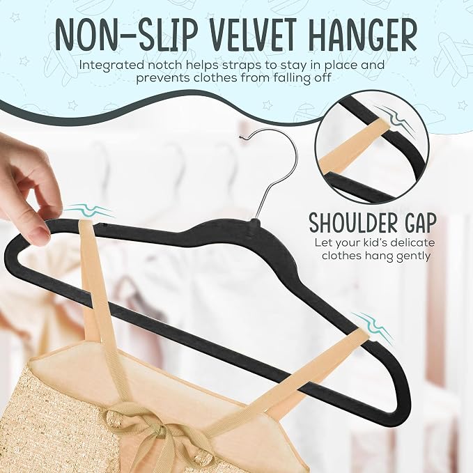 TechZoo 50 Premium Kids Velvet Hangers - 14" Non-Slip Clothes Hangers for Kids & Preteens - Ultra Slim, Space-Saving, Strong & Durable Hangers with 360° Swivel Hook - Black - Image 8