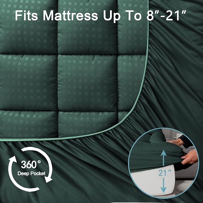 HYLEORY King Mattress Pad Quilted Fitted Mattress Protector Cooling Pillow Top Mattress Cover Breathable Fluffy Soft Mattress Topper with 8-21" Deep Pocket, Green