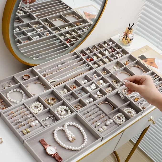 Stackable Jewelry Organizer Trays Set of 9, Small Velvet Jewelry Organizers Earring Necklace Ring Bracelet Display Case Storage for Drawer Dresser (Grey) - Image 2