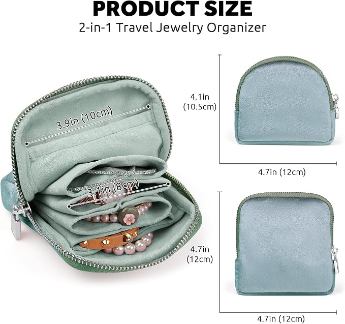 Small Travel Jewelry Case Set 2-in-1 Detachable Velvet Pouches, Portable Jewelry Organizer Bag for Rings Earrings Bracelets, Gift Box for Women (Mint Green) - Image 5