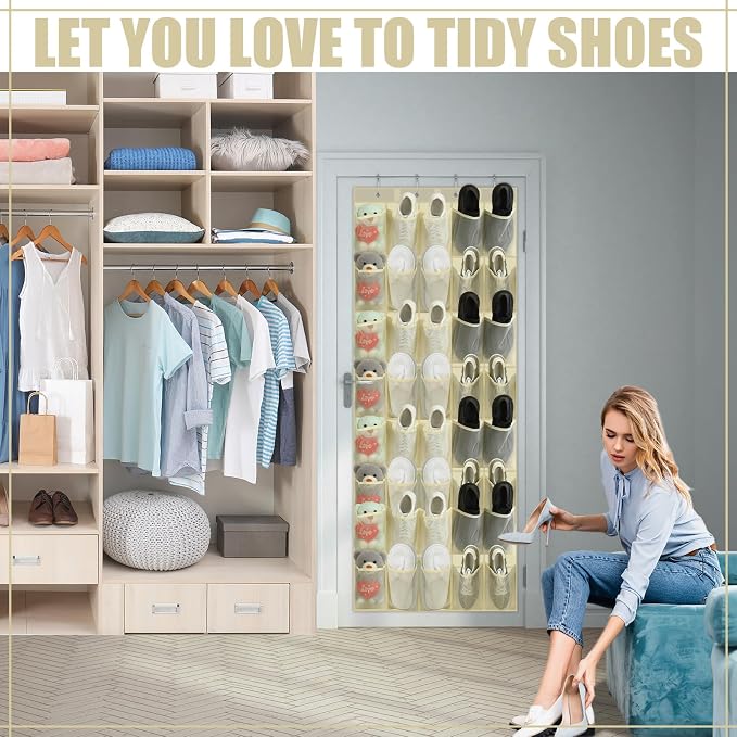 Windyun 40 Over the Door Shoe Organizer Large Breathable Mesh Pockets Hanging Shoe Rack for Closet Beige Behind Door Hanger Storage Holder Nonslip Hooks for Women Men Entryway Bedroom Utility Room - Image 4