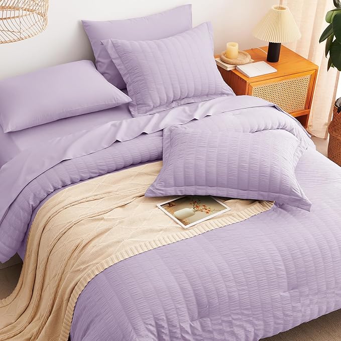 CozyLux King Size Comforter Set Light Purple Seersucker 7 Pieces Bed in a Bag King Comforter Set with Sheets, Lavender Luxury Bedding Sets with Down Alternative Comforter, Sheets, Pillowcases & Shams
