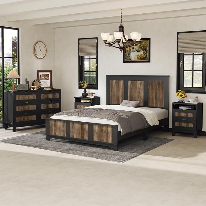 Harper & Bright Designs 4-Pieces Bedroom Sets, Queen Size Platform Bed with 2 Nightstands and A 6-Drawer Dresser, Queen Size Bedroom Set with Wooden Strip Decoration, Black