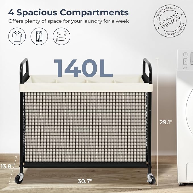 STO STO Laundry Hamper 4 Section, 140L Rolling Laundry Sorter Cart with Removable and Washable Liner Bag, Clothes Hamper with Wheels and Metal Handle for Laundry Room and Bedroom, Beige - Image 5