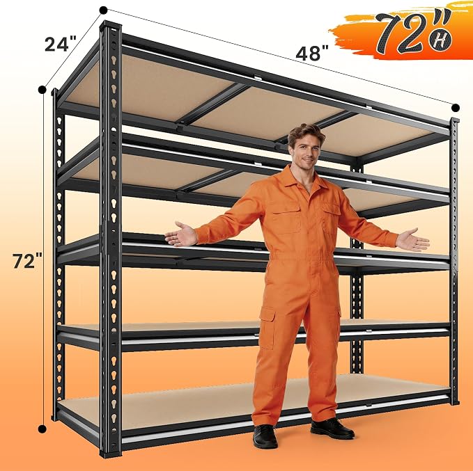REIBII 48" W Garage Shelving 3080LBS Storage Shelves 5 Tier Industrial Shelving Adjustable Metal Storage Shelves for Garage, Basement, Warehouse, Commercial, Easy Assemble, 48" W x 72" H x 24" D, 4PC - Image 3
