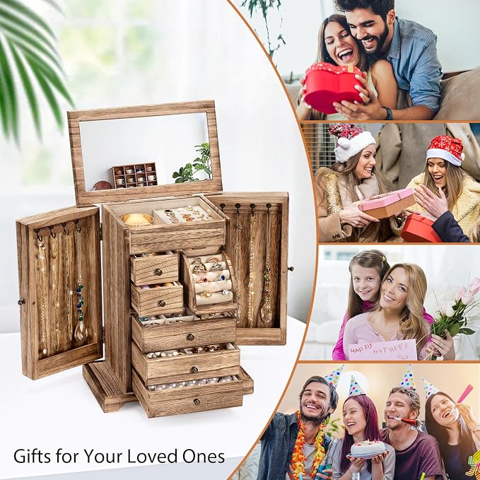 Jewelry Box for Women, Rustic Wooden Jewelry Boxes & Organizers with Mirror & Drawers,6 Layer Jewelry Organizer Box for Rings Earrings Necklaces Bracelets (Carbonized Black) - Image 4